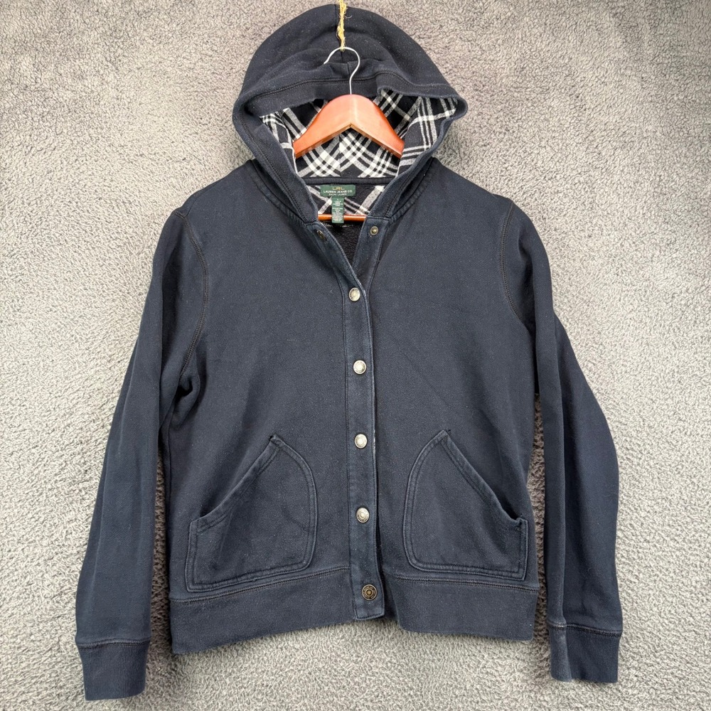 Lauren Ralph Lauren Black Button Up Hoodie‎ Plaid Lined Hood Women Large LRL
